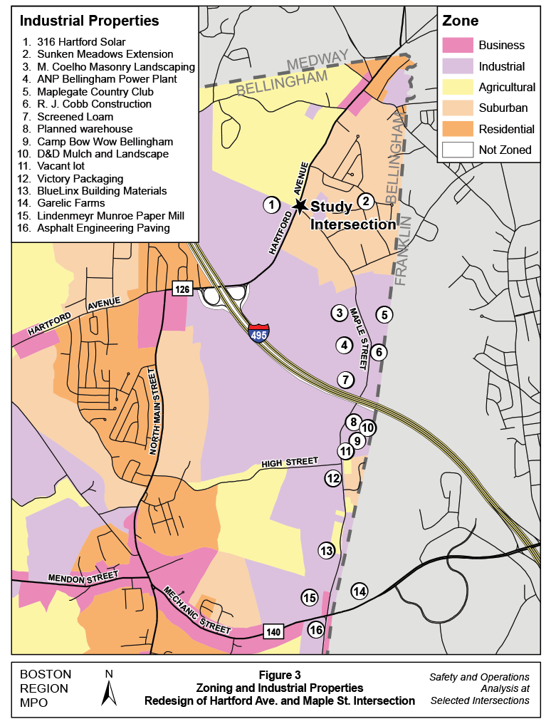 FIGURE 3. Zoning and Industrial Properties
Figure 3 gives a map of the zoning in the vicinity of the intersection and notes several existing or planned industrial businesses.
FIGURE 3. Zoning and Industrial Properties
Figure 3 gives a map of the zoning in the vicinity of the intersection and notes several existing or planned industrial businesses.